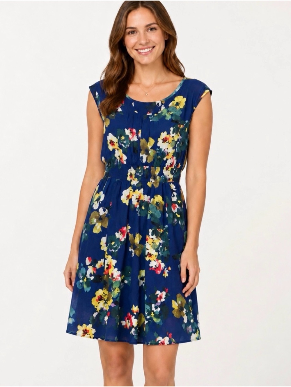 ANTHROPOLOGIE MAEVE I Evaline Floral Print Cap Sleeve Chiffon Dress Sz. Medium